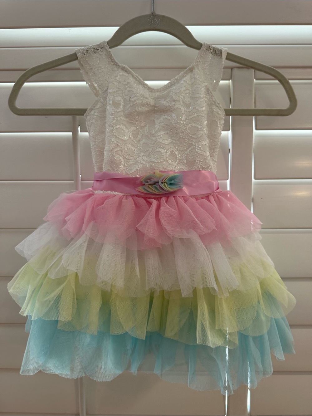 Source Unknown White Lace Top Pastel Rainbow Tutu Dress (Pink, Yellow, Blue)